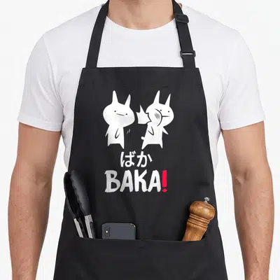 Tablier de cuisine noir avec deux personnages blancs stylisés et linscription BAKA en blanc et rouge.