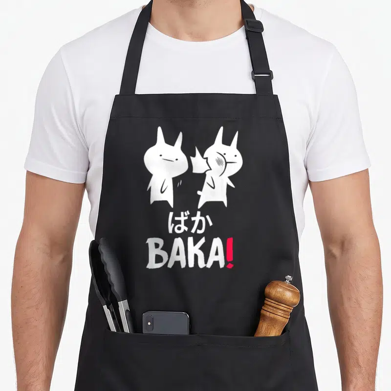 Tablier de cuisine noir avec deux personnages blancs stylisés et l'inscription BAKA en blanc et rouge.