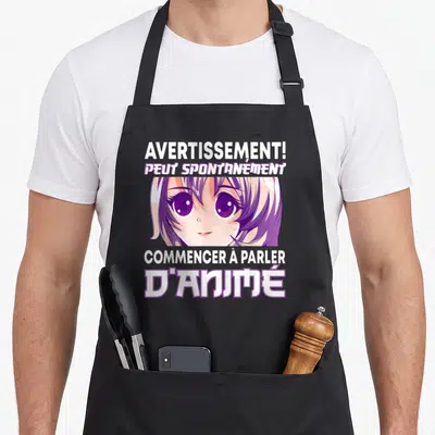 Tablier de cuisine noir avec une illustration de fille aux cheveux violets et un message humoristique sur l'animé.