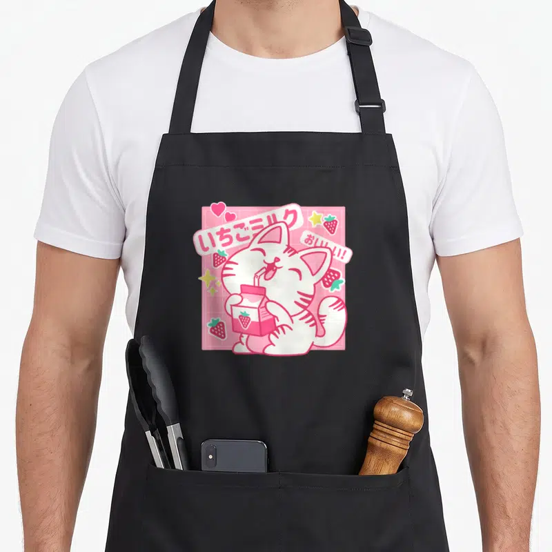Tablier de cuisine noir avec illustration d'un chat blanc buvant du lait de fraise sur fond rose.