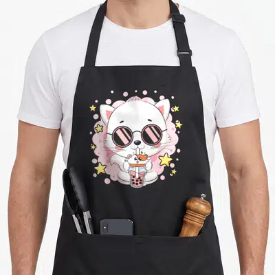Tablier de cuisine noir avec illustration d'un chat blanc kawaii portant des lunettes rondes et tenant un verre de Bubble Tea Boba.