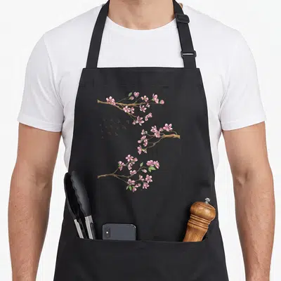 Tablier de cuisine noir avec illustration de branches de sakura roses et oiseaux noirs en vol dans un cadre rectangulaire.
