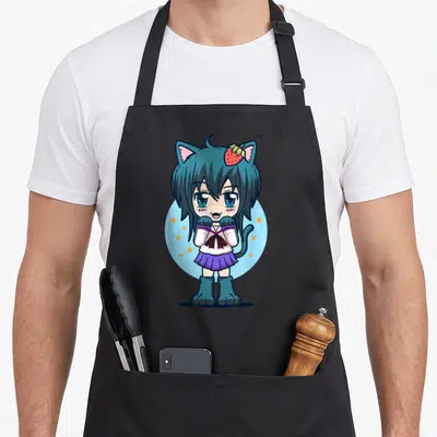 Tablier de cuisine noir avec une illustration de fille chibi aux oreilles de chat et pattes mignonnes sur fond bleu.