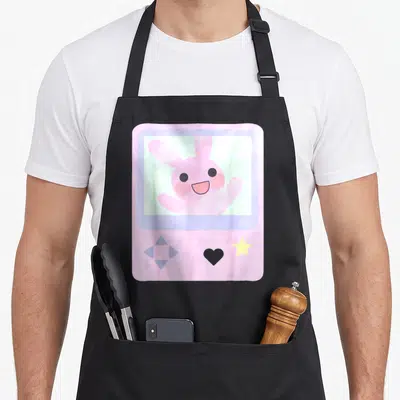 Tablier de cuisine noir avec illustration d'une console rose affichant un lapin kawaii souriant