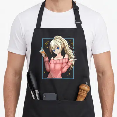 Tablier de cuisine noir avec une fille anime blonde aux yeux bleus tenant un verre et faisant un signe de paix.