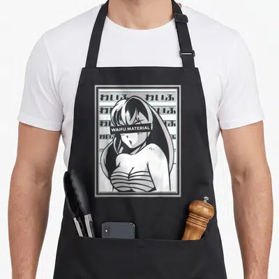 Tablier de cuisine noir avec illustration waifu manga noir blanc et texte WAIFU MATERIAL sur les yeux.