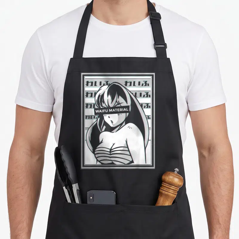 Tablier de cuisine noir avec illustration waifu manga noir blanc et texte WAIFU MATERIAL sur les yeux.