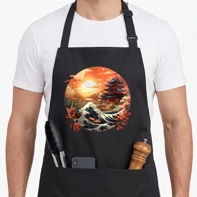 Tablier de cuisine noir avec illustration circulaire d'une vague japonaise, d'un pagode et de fleurs roses.