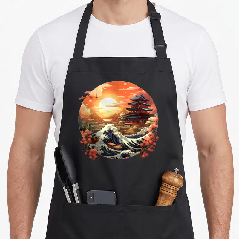 Tablier de cuisine noir avec illustration circulaire d'une vague japonaise, d'un pagode et de fleurs roses.