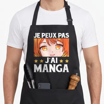 Tablier de cuisine noir avec visage d'animé aux cheveux orange et texte blanc Je peux pas j'ai manga.