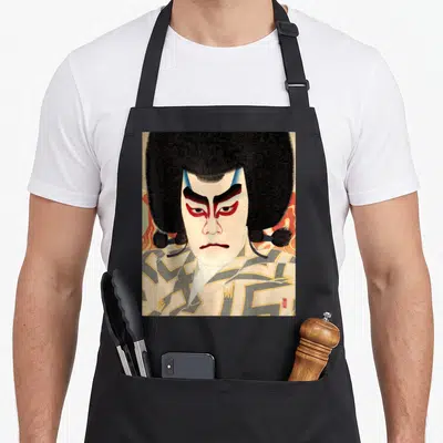 Tablier de cuisine noir avec portrait d'acteur Kabuki au maquillage rouge et bleu en style ukiyo-e vintage japonais