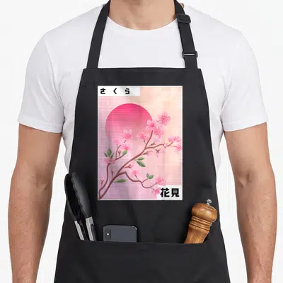Tablier de cuisine noir avec illustration Sakura Pastel, soleil rose strié et caractères japonais sur fond quadrillé.