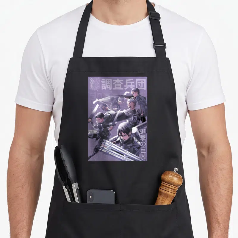 Tablier de cuisine noir avec illustration du Scout Regiment et calligraphie japonaise sur fond violet