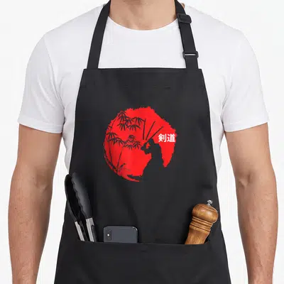 Tablier de cuisine noir avec une illustration rouge circulaire représentant un samurai Kendo, du bambou et des caractères japonais blancs.
