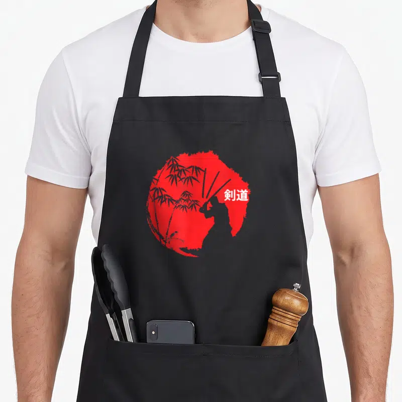 Tablier de cuisine noir avec une illustration rouge circulaire représentant un samurai Kendo, du bambou et des caractères japonais blancs.
