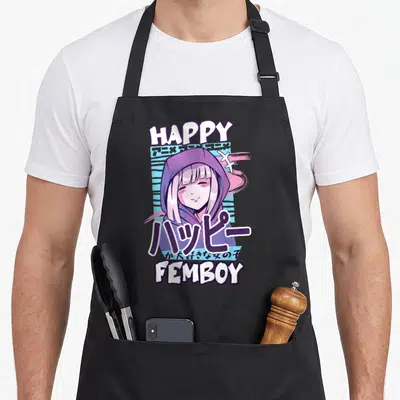 Tablier de cuisine noir avec illustration colorée d'un personnage hoodé violet et texte HAPPY FEMBOY en lettres blanches et violettes.