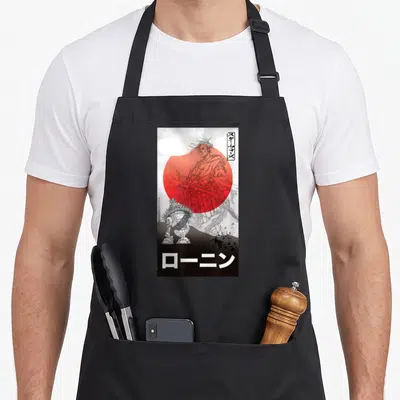 Tablier de cuisine noir avec illustration d'un ronin face à un droid sous un cercle rouge et des caractères japonais.