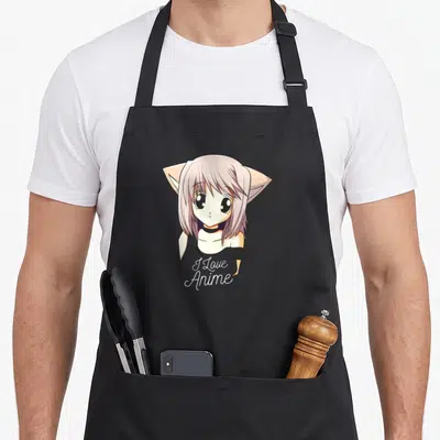 Tablier de cuisine noir avec une illustration d'anime fille aux oreilles de chat et le texte I Love Anime