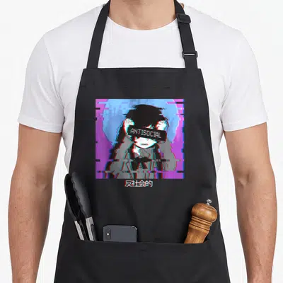 Tablier de cuisine noir avec une illustration anime triste au style vaporwave et le mot ANTISOCIAL.