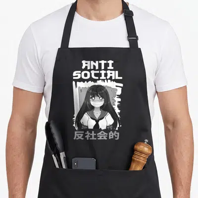 Tablier de cuisine noir avec une illustration anime monochrome d'une fille au masque portant le texte Anti Social.