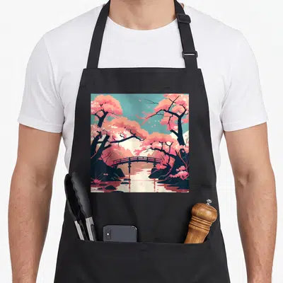 Tablier de cuisine noir avec illustration d'un pont japonais entouré de cerisiers en fleurs roses et bleus.