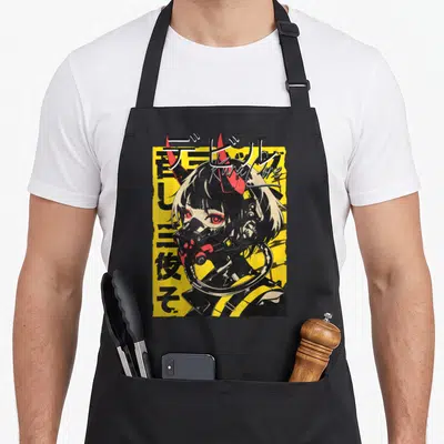 Tablier de cuisine noir avec illustration Cyberpunk Y2K d'un personnage aux cornes rouges et masque technique sur fond jaune.
