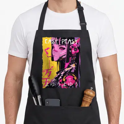 Tablier de cuisine noir avec illustration manga cyberpunk rose et jaune, texte Easy Peasy et symboles japonais.