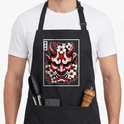 Tablier de cuisine noir avec un grand masque Oni rouge et blanc entouré de fleurs de sakura et de caractères japonais.