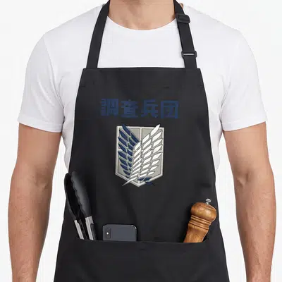 Tablier de cuisine noir orné des ailes de la liberté et de kanjis bleus sur fond gris uni.