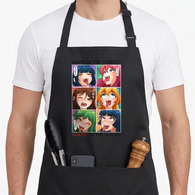 Tablier de cuisine noir avec six portraits anime aux expressions comiques et texte Hentai In The Sheets en bas.