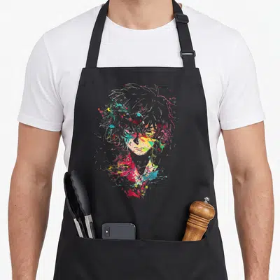 Tablier de cuisine noir avec portrait anime stylisé en éclats de peinture colorés et traits fins abstraits.