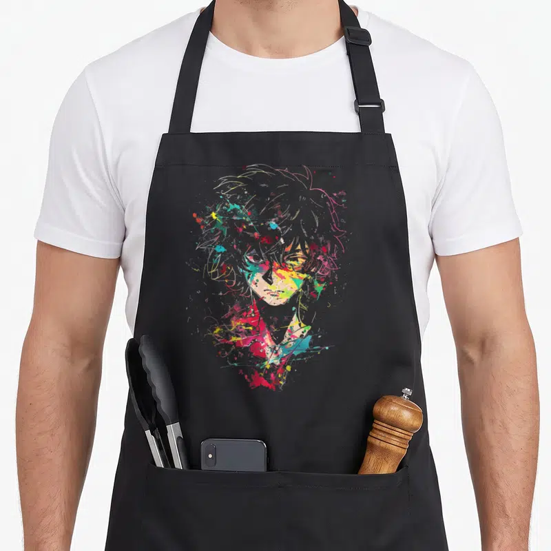 Tablier de cuisine noir avec portrait anime stylisé en éclats de peinture colorés et traits fins abstraits.