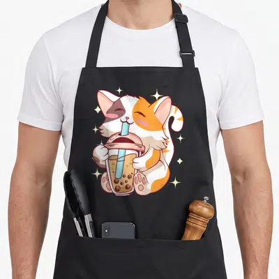 Tablier de cuisine noir avec illustration d'un chat tricolore tenant une boisson Boba Tea.