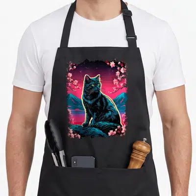 Tablier de cuisine noir avec illustration d'un chat noir assis sur des rochers entouré de fleurs de sakura roses.