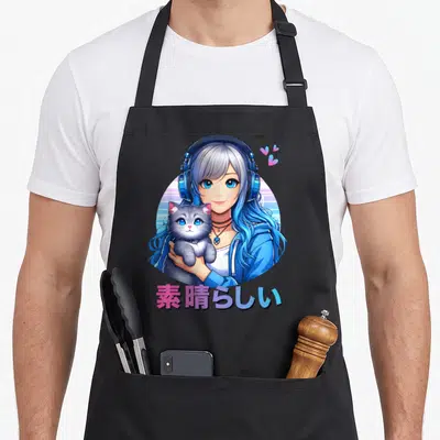 Tablier de cuisine noir avec une illustration anime d'une fille aux cheveux bleus tenant un chat gris sous des écouteurs.