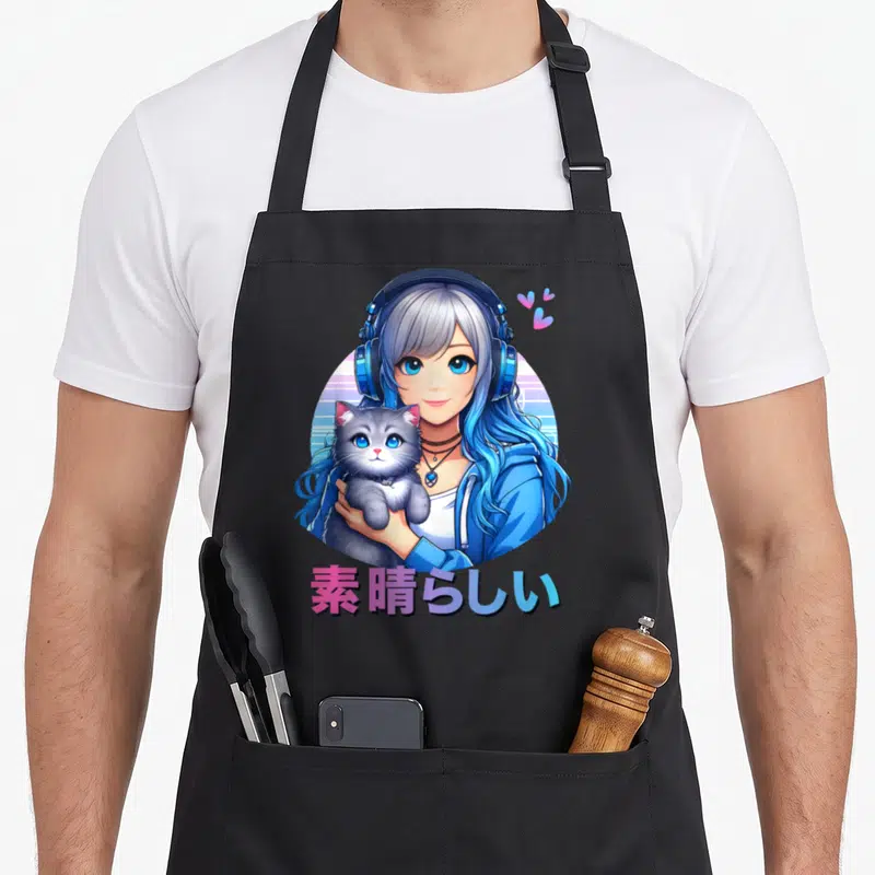 Tablier de cuisine noir avec une illustration anime d'une fille aux cheveux bleus tenant un chat gris sous des écouteurs.