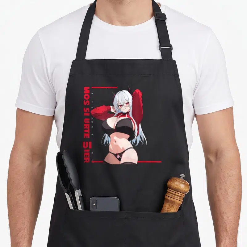 Tablier de cuisine noir avec illustration d'une waifu sexy anime girl aux cheveux blancs, lunettes et cornes rouges.