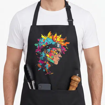 Tablier de cuisine noir avec illustration anime profil cyberpunk aux éclats colorésiques