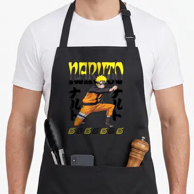Tablier de cuisine noir avec Naruto Uzumaki en tenue orange tenant un kunai sous le texte Hiruto jaune.