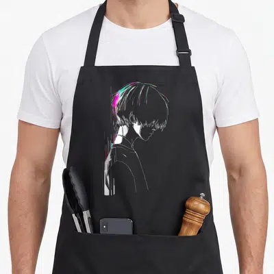 Tablier de cuisine noir avec illustration profil glitché aux traits blancs et touches de rose cyan.