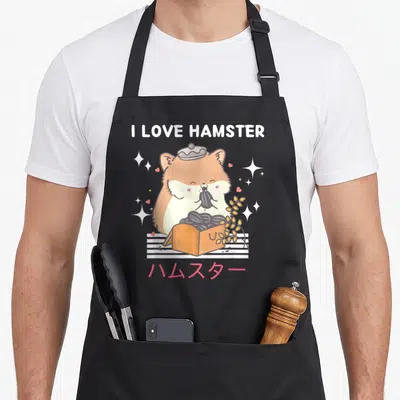 Tablier de cuisine noir avec hamster mangelant des graines sous l'inscription I LOVE HAMSTER et des étoiles scintillantes.