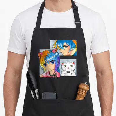 Tablier de cuisine noir avec illustration d'une fille aux oreilles de chat, d'un garçon aux cheveux bleus et d'un chat blanc mignon.