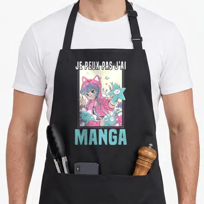 Tablier de cuisine noir avec illustration d'une fille otaku en pull chat tenant une étoile.