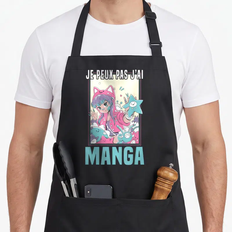 Tablier de cuisine noir avec illustration d'une fille otaku en pull chat tenant une étoile.