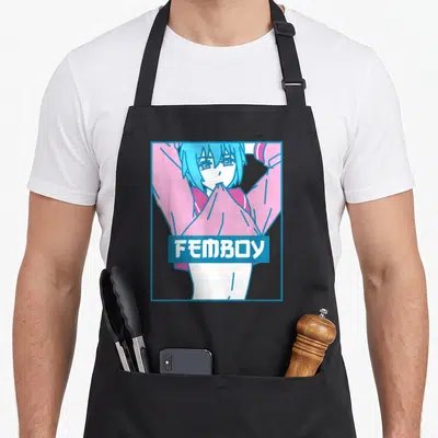 Tablier de cuisine noir avec illustration d'un garçon aux cheveux bleus et l'inscription FEMBOY en lettres blanches sur fond bleu.