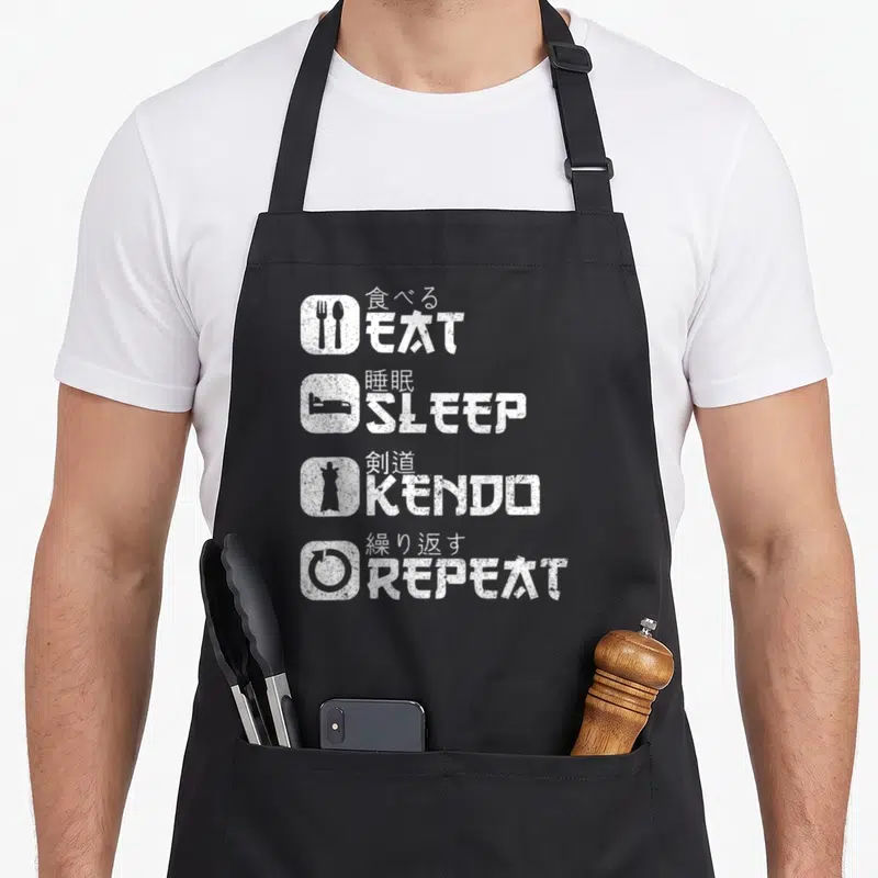 Tablier de cuisine noir avec les mots MANGER, DORMIR, KENDO et REPEATER en blanc.