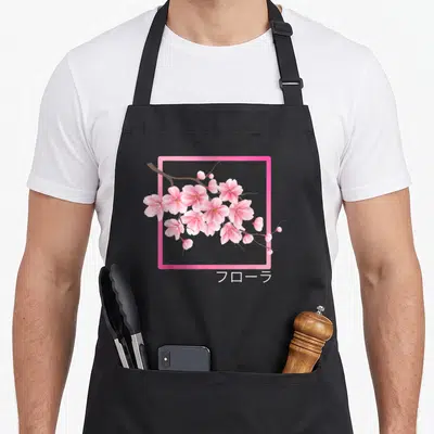 Tablier de cuisine noir avec illustration de fleurs de sakura roses et cadre rose vif portant le texte en bas à droite.