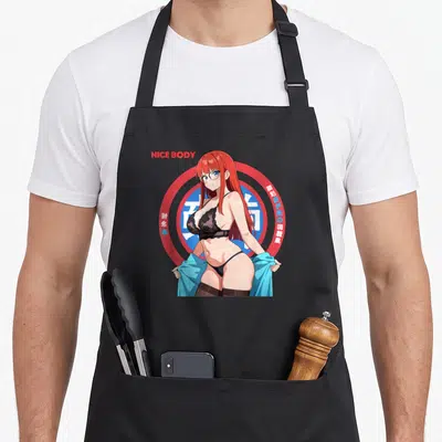 Tablier de cuisine noir avec illustration waifu bikini plage et texte Nice Body en rouge.