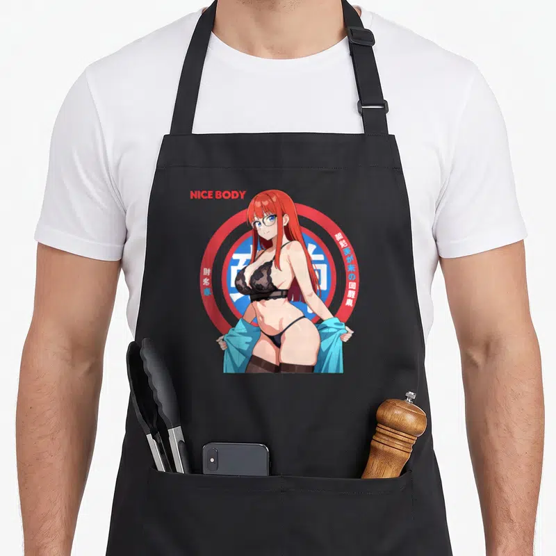 Tablier de cuisine noir avec illustration waifu bikini plage et texte Nice Body en rouge.