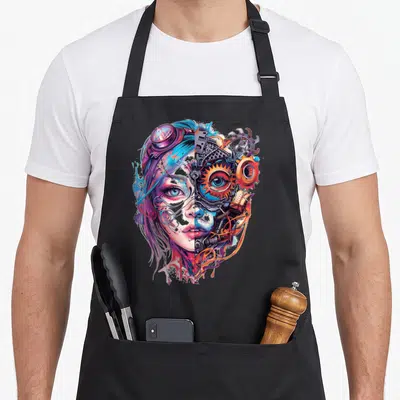 Tablier de cuisine noir avec illustration colorée d'un visage hybride mécanique et organique au style anime cyberpunk.